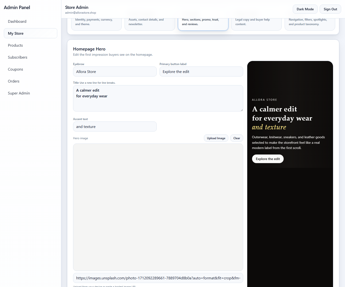 Allora Store admin My Store preview