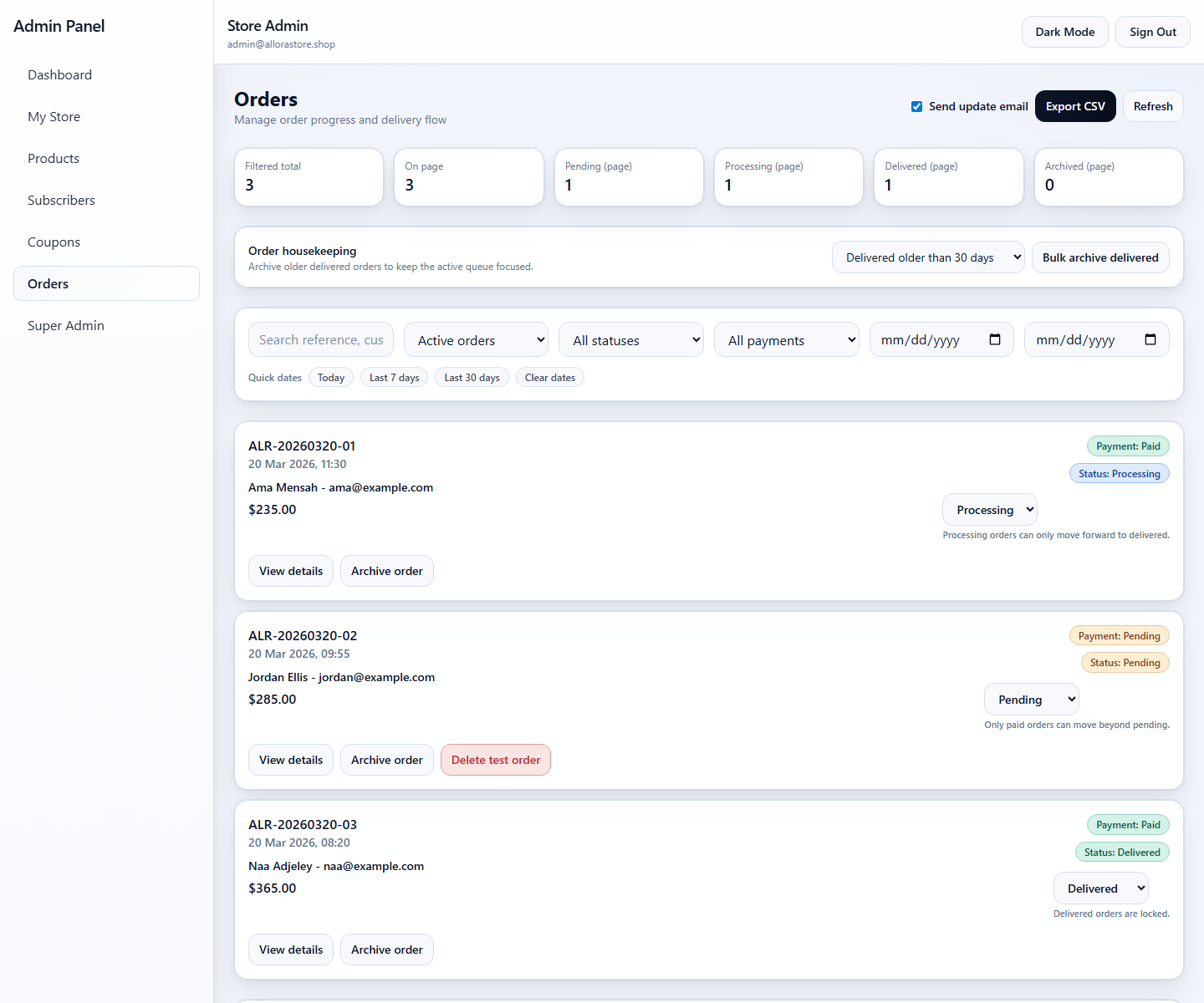 Allora Store orders admin with status handling and archive flow