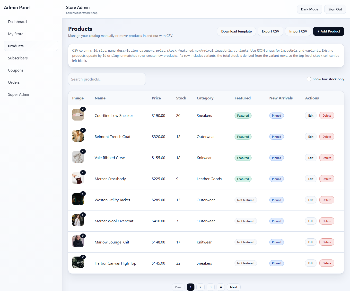 Allora Store products admin showing inventory and CSV import export tools