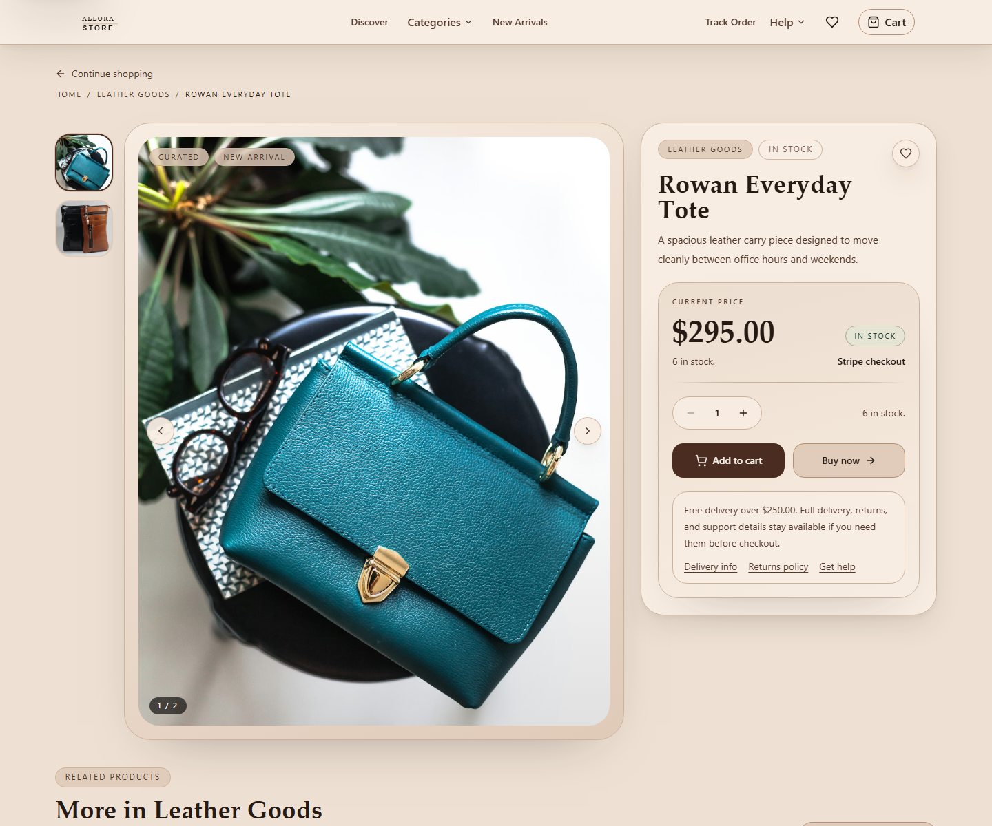 Allora Store product detail page showing gallery, pricing, stock, and checkout actions