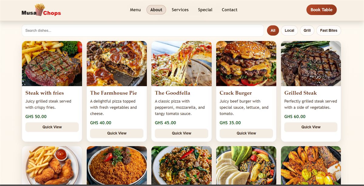 MusaChops restaurant landing page preview